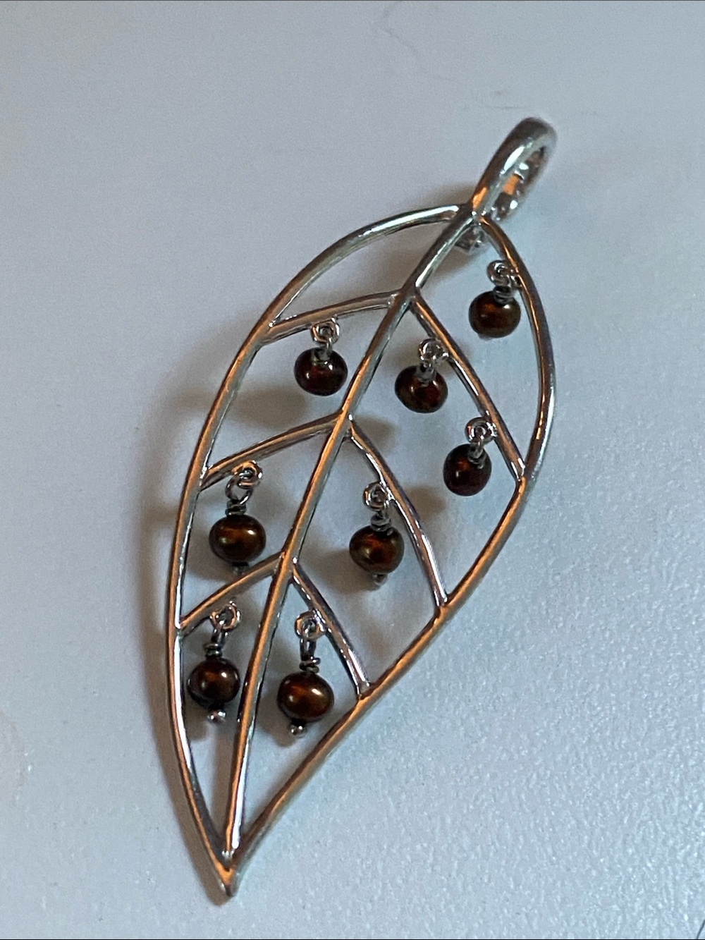 925 sterling Silver stamped earthy Leaf 🍃 Pendant with Brown Beads